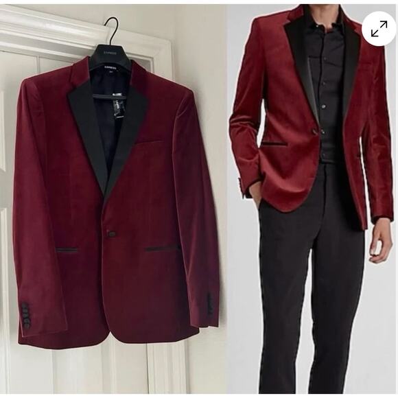 Express Men’s Burgundy Slim Velvet One Button Tuxedo Blazer Jacket Size Small - Picture 2 of 5